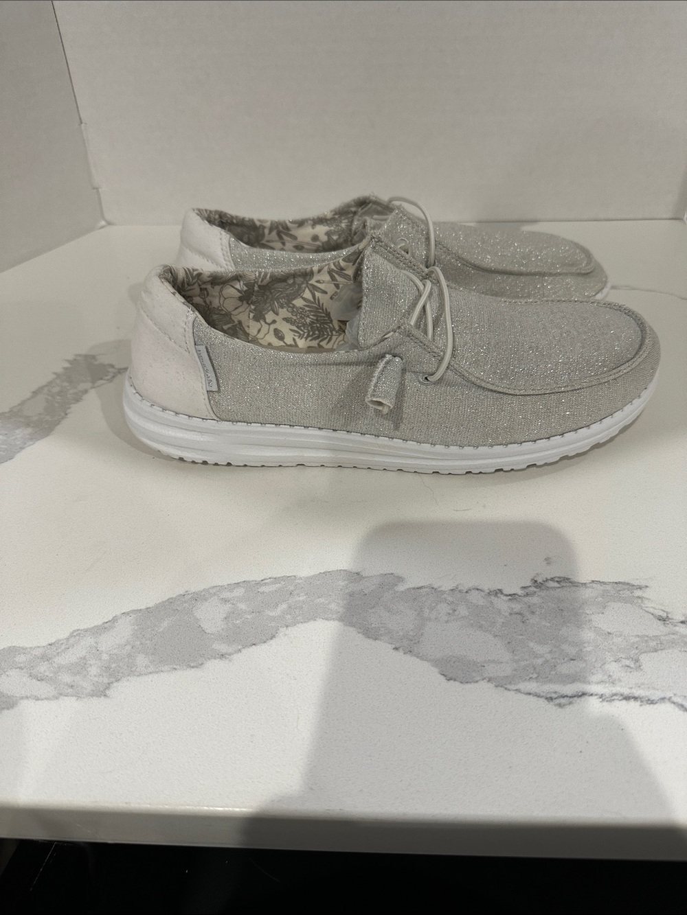 New Without Tags -Hey Dude Women's Silver Glitter Slip-On Moccasins Size 10